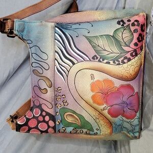 Anuschka animal print floral handpainted leather shoulder bag nwot
